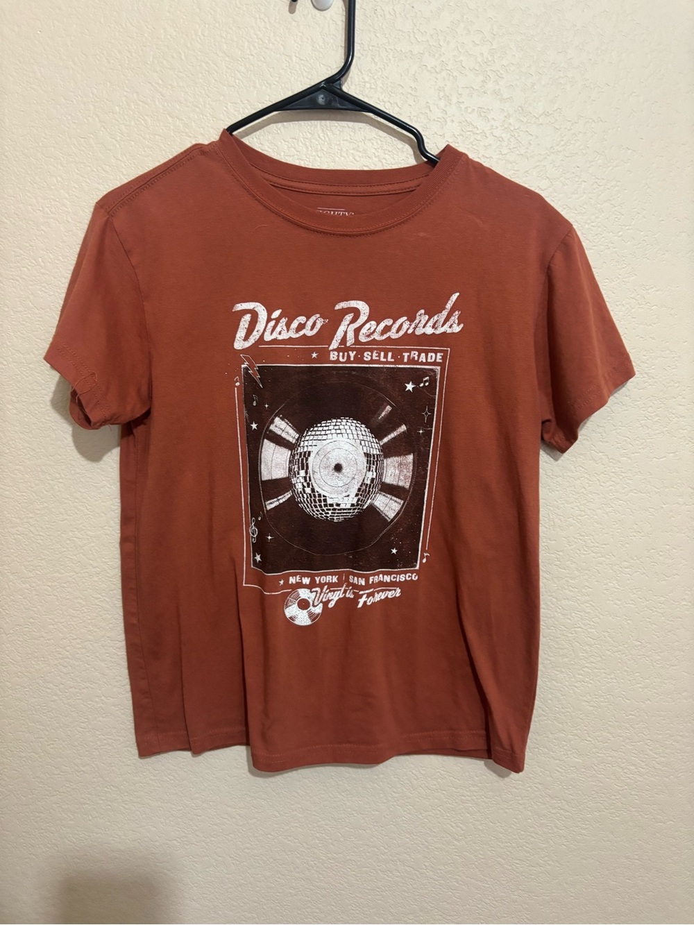 Mighty Fine women’s Disco Records Graphic Tee - Rust with White Print